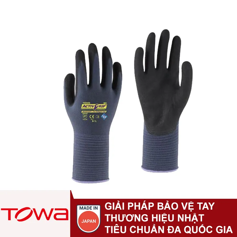Mặt trước găng tay đa dụng chống dầu Towa 581 phủ Nitrile màu tím đen công nghệ MicroFinish
