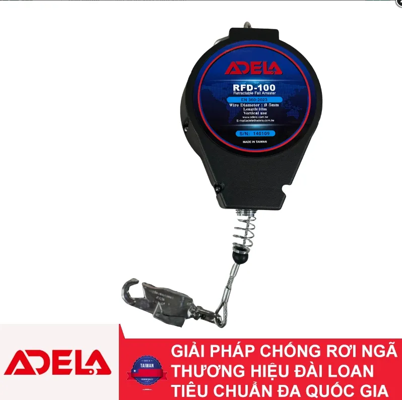 Toàn cảnh cuộn dây cáp hãm tự động Adela RFD-100 10m cáp thép mạ kẽm chính hãng Đài Loan tại MT Safety