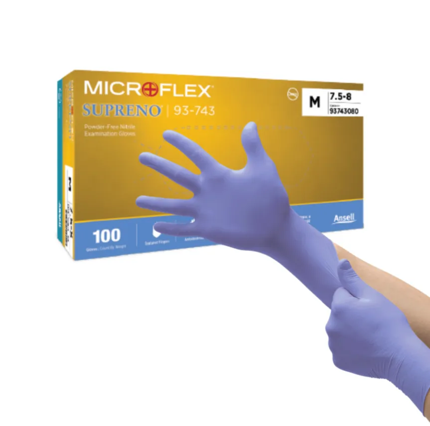 Ảnh mặt trước hộp găng tay nitrile Microflex 93-743 Ansell màu xanh lam dùng một lần chính hãng