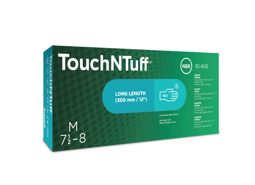 Ảnh mặt trước vỏ hộp găng tay chống hóa chất Ansell TouchNTuff 92-605 màu xanh lục chính hãng