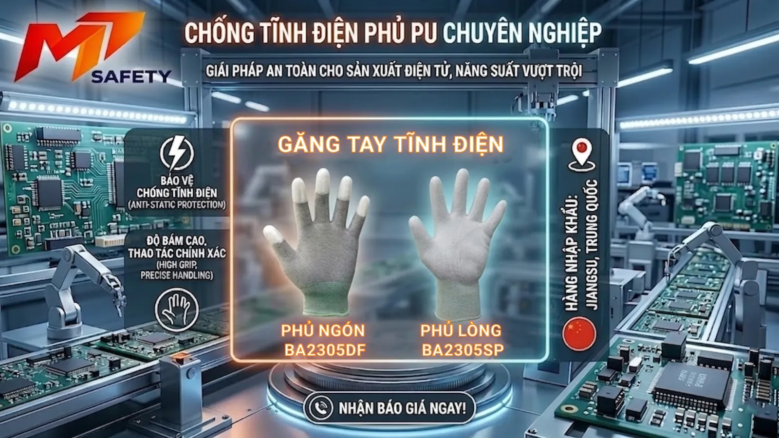 Găng tay chống tĩnh điện phủ PU phòng sạch chất lượng cao cho nhà máy điện tử MT Safety