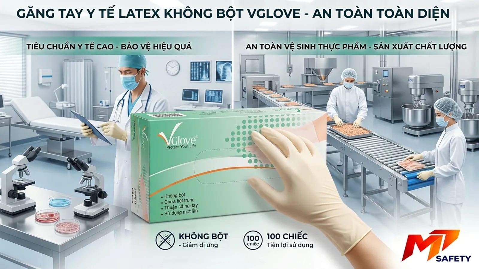 Găng tay y tế Latex không bột VGlove Khải Hoàn chính hãng chất lượng cao tại MT Safety