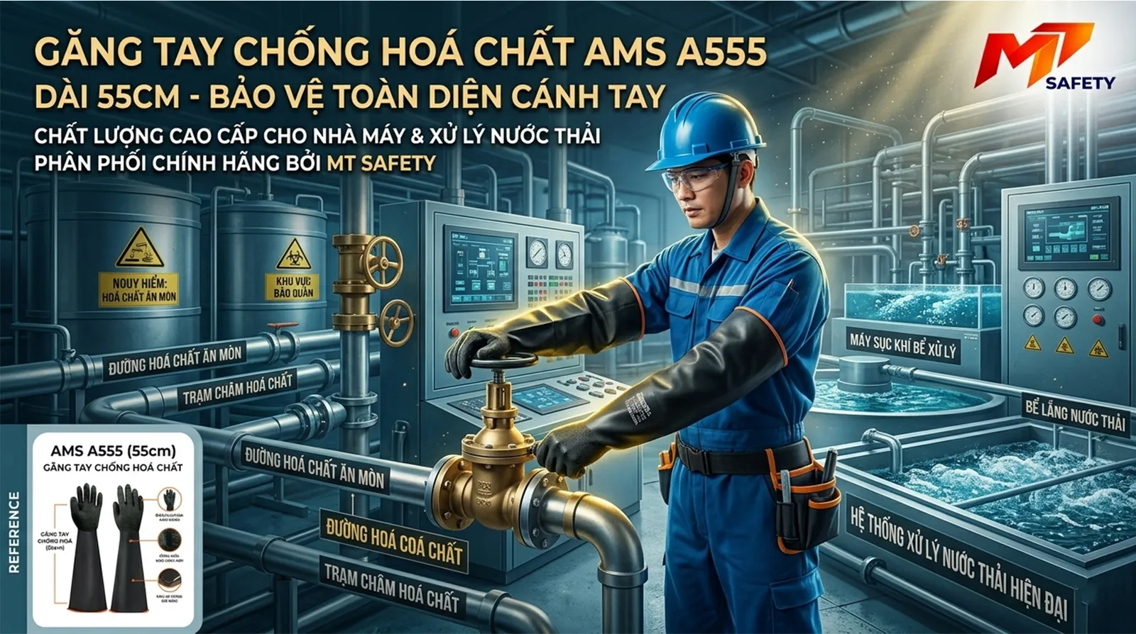 Găng Tay Cao Su Chống Axit Kiềm AMS Dài Toàn Cẳng Tay 55cm
