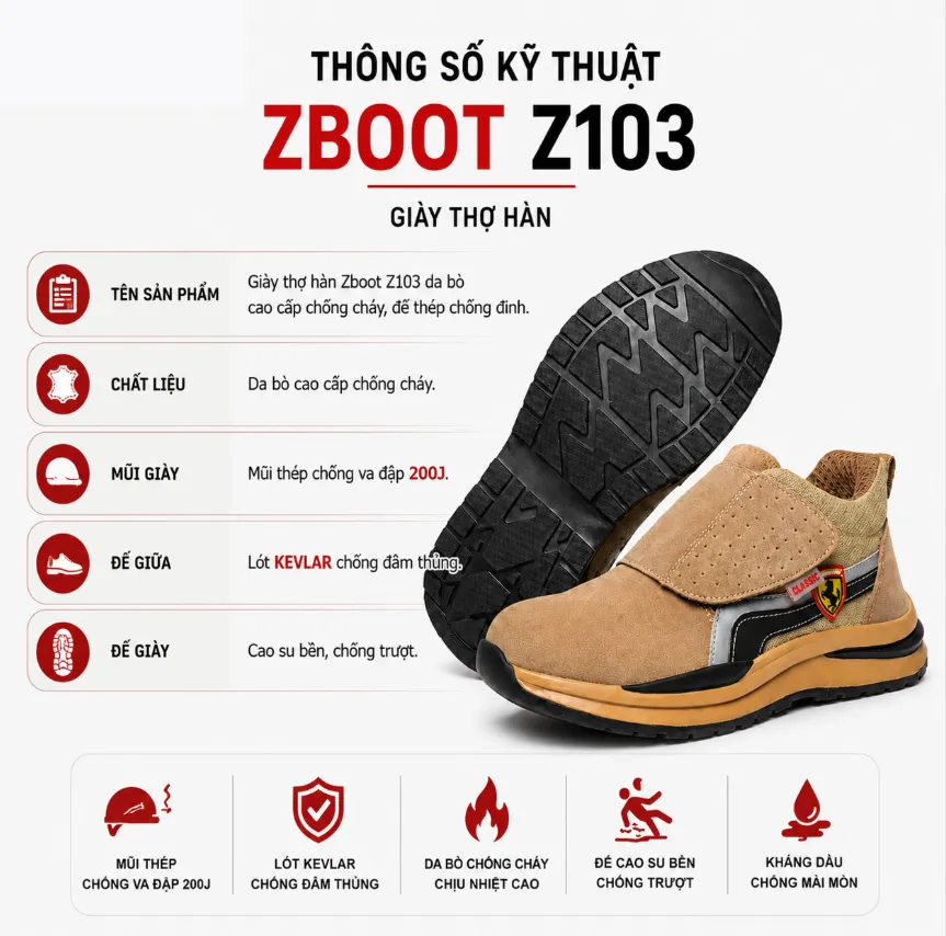 Giày bảo hộ quai dán chống tia lửa hàn xỉ sắt Zboot Z103 tại MT Safety
