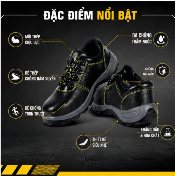 Giày bảo hộ cổ thấp da đen chỉ vàng chống trơn trượt Zboot Z104 tại MT Safety
