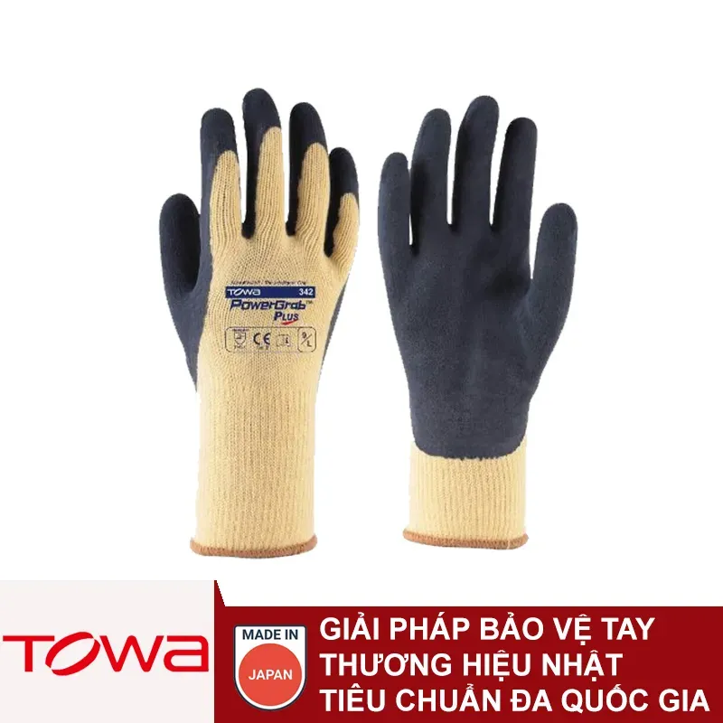 Găng tay Towa PowerGrab Plus 342: Phủ cao su tự nhiên công nghệ MicroFinish siêu bám, chuyên dùng cho bốc xếp gạch đá, bao xi măng và đổ bê tông.