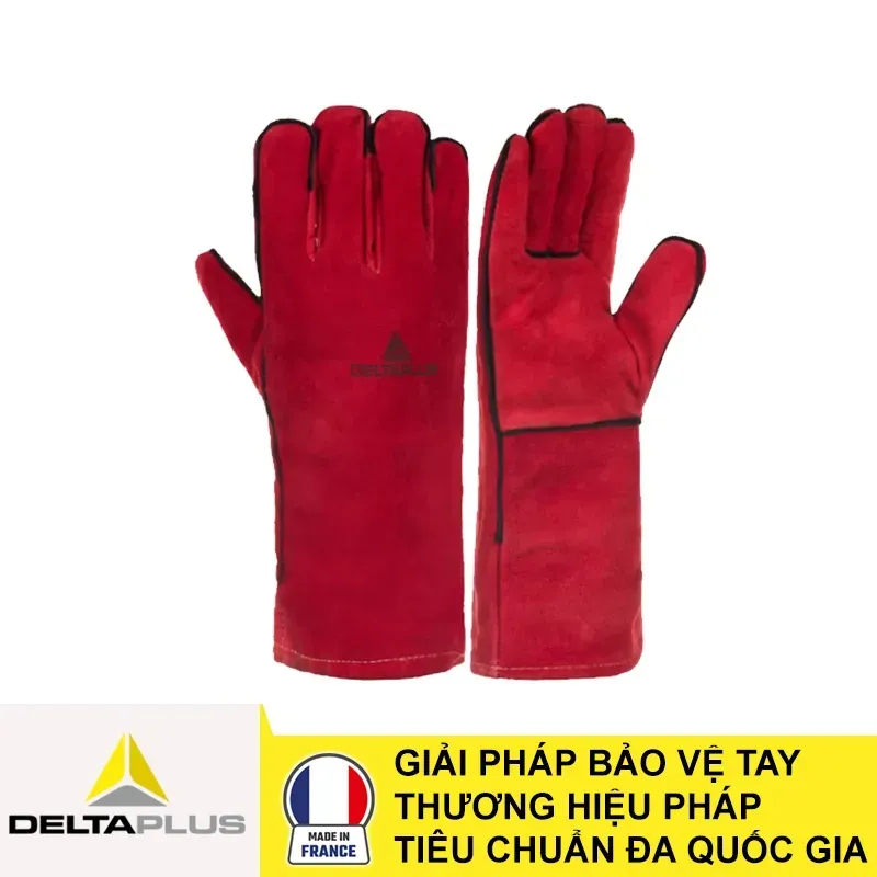 Găng tay da hàn DeltaPlus CA615K: Da bò split cao cấp may chỉ Kevlar chống cháy, chịu nhiệt tiếp xúc 350-500 độ C cho thợ hàn kết cấu thép và cắt hơi oxy.