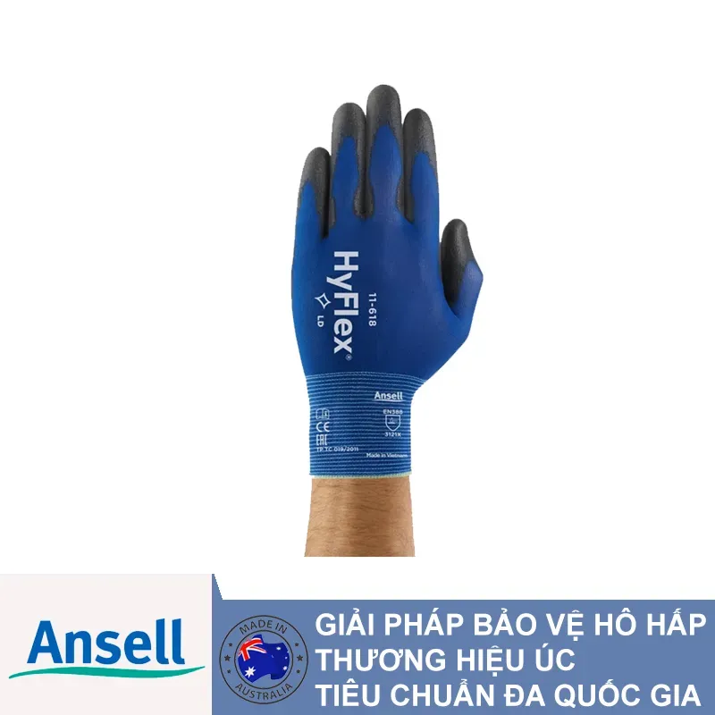 Găng tay Ansell HyFlex 11-618: Sợi nylon dệt 18 gauge siêu mịn phủ PU, mỏng nhẹ như làn da thứ hai cho thao tác sửa chữa hệ thống điện và bảng điều khiển ô tô.
