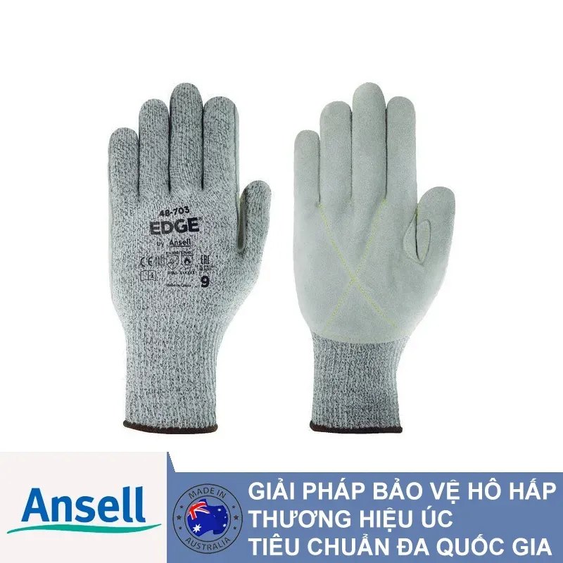 Găng tay chống cắt Ansell EDGE 48-703 sợi HPPE lòng bàn tay da chịu nhiệt