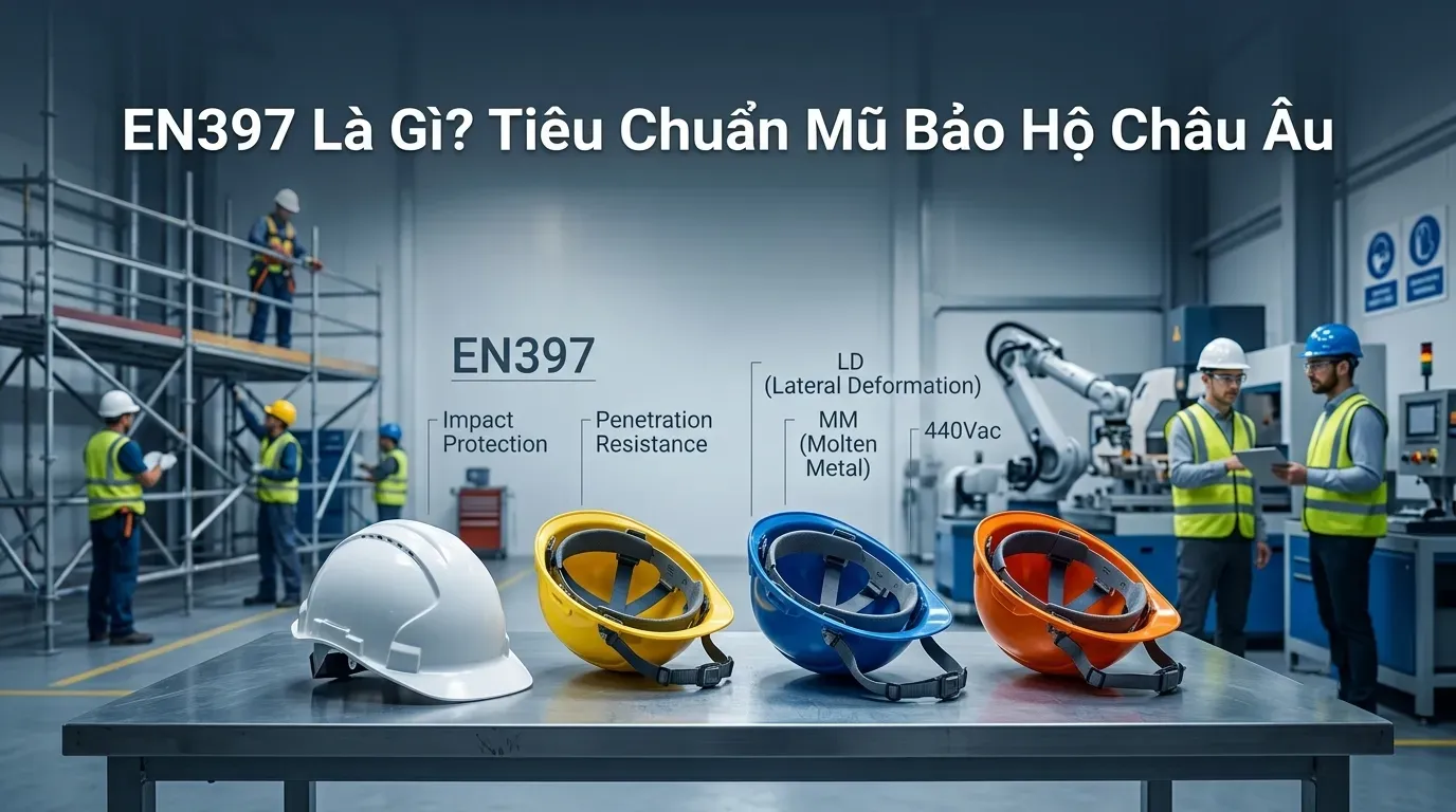 Phối cảnh thực tế các mẫu mũ bảo hộ đạt chuẩn EN 397 trong phân xưởng cơ khí và xây dựng