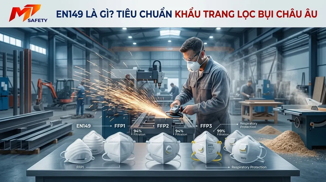 Thợ gia công cơ khí mài cắt kim loại trang bị khẩu trang lọc bụi công nghiệp đạt chuẩn EN 149