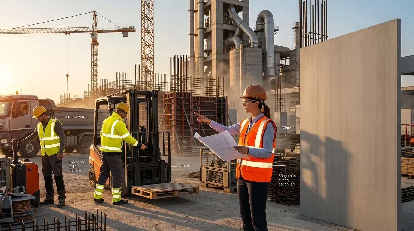 Kỹ sư và công nhân công trường trang bị áo gile phản quang Class 2 và Class 3 theo chuẩn EN ISO 20471