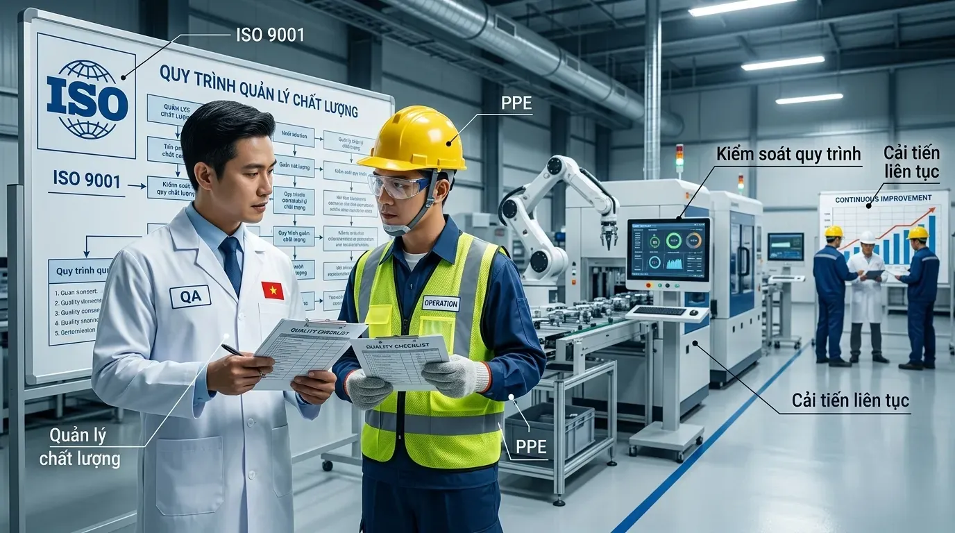 Kỹ sư QA và kỹ sư vận hành trao đổi quy trình kiểm soát chất lượng và PPE trong nhà máy