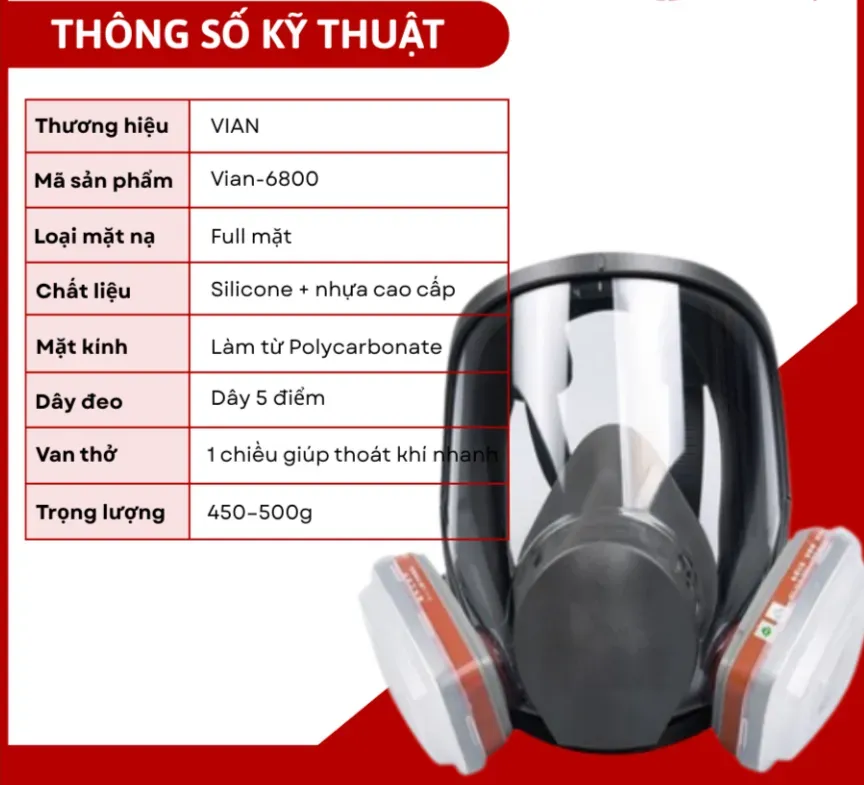 Thông số kỹ thuật mặt nạ phòng độc toàn mặt VIAN 6800 kính Polycarbonate góc nhìn rộng