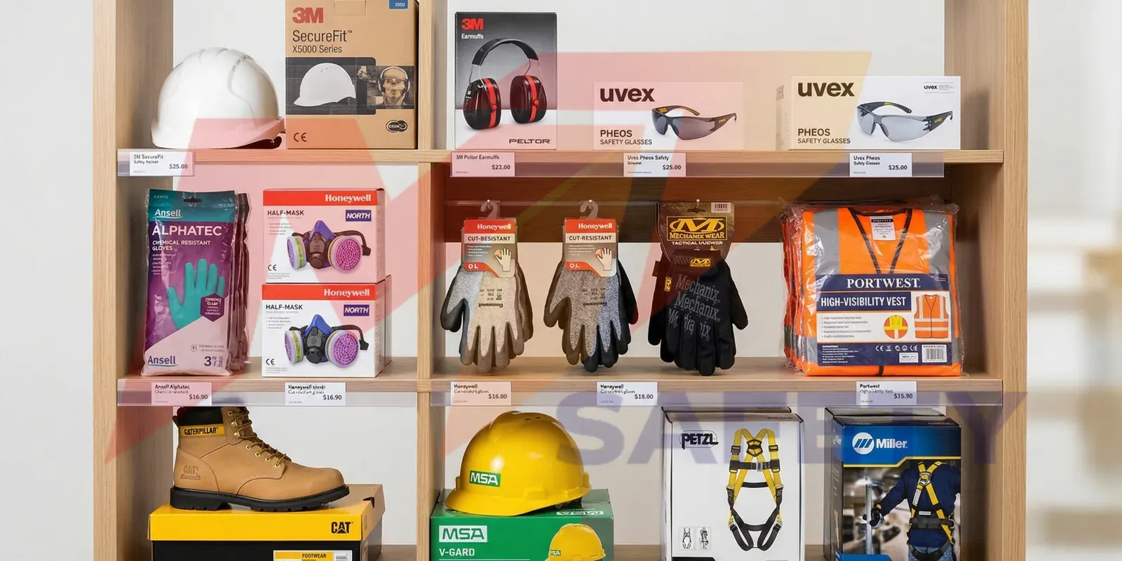 Kệ trưng bày thiết bị bảo hộ lao động đạt chuẩn CE ANSI chính hãng tại showroom MT Safety
